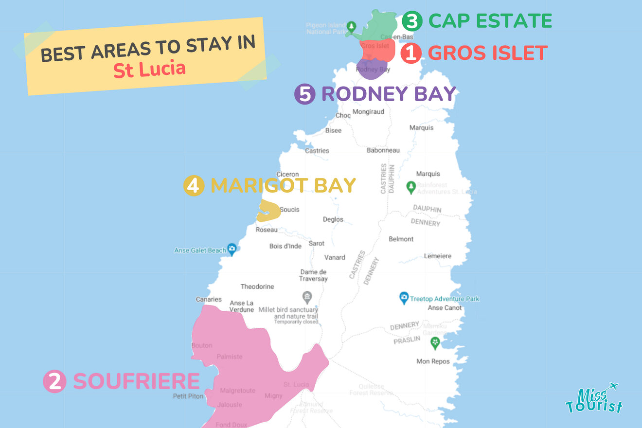 Map of best places to stay St Lucia